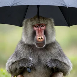 baboon facing away from camera holding an umbrella, detailed, clean, realistic