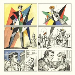 comics panel by kazimir malevitch and moebius, detailed watercolor and inks