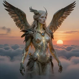 biblical female druid android, with birds, glowing veins, in clouds, sunset, portrait by wayne barlowe, by peter elson, by anato finnstark, muted colors, by frank frazetta, extreme detail, reflections, trending on artstation, 8 k
