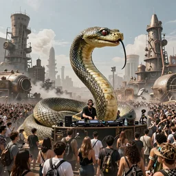 snake dj party, thousands of people, steam punk, nuclear wasteland, photo realistic