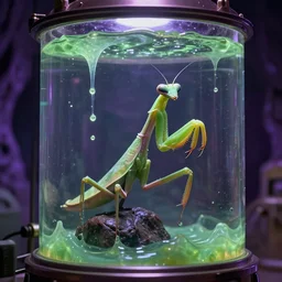 a highly detailed mantis - like alien inside a bioreactor, from love death and robots ( 2 0 1 9 ). sticky liquids, greenish fluids, obscure purple cave background. coherent portrait, intricate, elegant, suspense environment, digital photo, trending on artstation, hdr photo, smooth, sharp focus