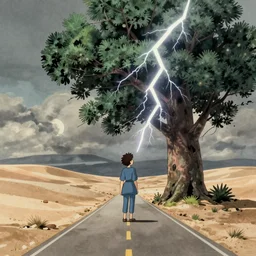 a study of a cell shaded cartoon of lightning hitting a tree from howl's moving castle ( 2 0 0 4 ), on a desert road, full body, wide shot, very muted colors, post grunge, studio ghibli, laurie greasley, highly detailed, deviantart, art by artgem