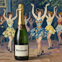 vintage, melchizedek champagne bottle. cancan girl dancing, french, realistic, cheerful, 1 9 0 2, art by renoir
