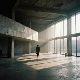 realistic interior of a brutalist museum, (((((blurred silhouettes of person walking in the distance))))), sun rays at sunset, hard shadows, volumetric fog, Hyper realistic film photography by Yohji Yamamoto, Zeiss 24mm f2.8, Hasselblad, insanely detailed, sharp focus