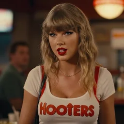 a close - up, color cinema film still of a taylor swift as a waitress at hooters, cinematic lighting at night.