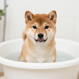 Shiba inu puppy takes a bath