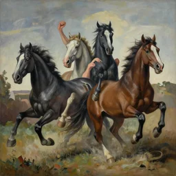 horses entangled by jenny saville and john berkey, jumping, running, struggle, wide eyes, motion, guernica