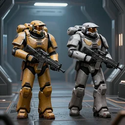 detailed photo of two space marines, armed with futuristic assault rifles, walking down a futuristic hallway, in the style of halo