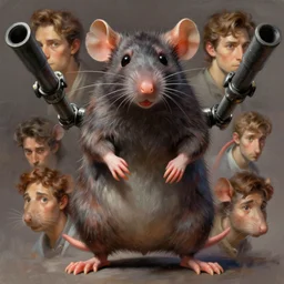 an intense animatronic rat with bazooka arms, by shigenori soejima, by frank frazetta, by thomas kinkade, by ilya kuvshinov, digital painting masterpiece, beautiful brush strokes, advanced lighting technology, symmetry!!!, accurate and realistic faces and anatomy