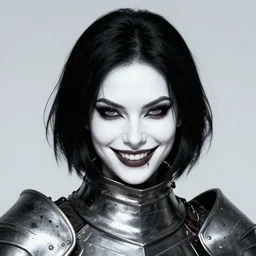 a photo of head and shoulders portrait of a female knight, black bob hair, evil smirk, white skin, splattered blood, beautiful, ornamental armor, sigma 8 5 mm, nuri iyem, james gurney, james jean, greg rutkowski, anato finnstark, perfect faces