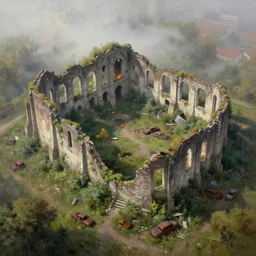 aerial view of ruins of munich!!!, vegetation!!!, rubble!!, rusty cars!! hyperrealistic, highly detailed, cinematic, foggy light from fires, beautiful, cgssociety, artstation, 8 k, oil painting by greg rutkowski, by artgerm, by wlop