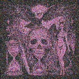 dmt ego death neon pink detailed + vulture + knife + hourglass + fish with wings + bikini girl + demon