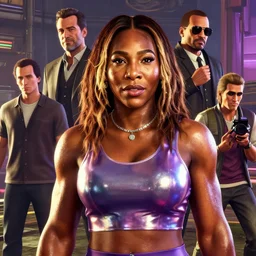 highly detailed portrait serena williams wearing shiny plastic crop top bladerunner, glistering skin, oiled, in gta v, stephen bliss, unreal engine, fantasy art by greg rutkowski, loish, rhads, ferdinand knab, makoto shinkai and lois van baarle, ilya kuvshinov, rossdraws, tom bagshaw, global illumination, radiant light, detailed and intricate environment