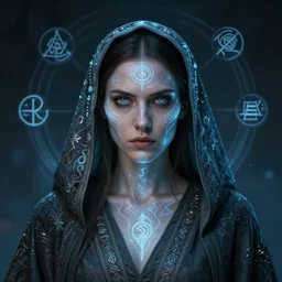 robed female astral projecting, stern look, highly detailed face, magick, technology, sigils, royo,