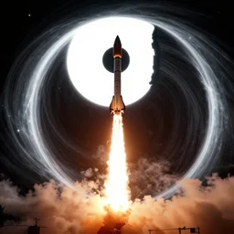 a rocket launching into space through a vortex yin yang symbol overhead