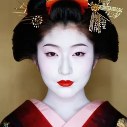 “ full face symmetrical photograph of a japanese geisha half her face has traditional make up the other half has no makeup, beautiful, highly detailed, portrait ”