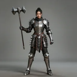 full shot photo of a female warrior with spiky armour holding medieval flail