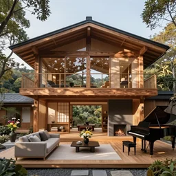 luxurious wooden cottage, modern Japanese living room, Japanese flower arrangements, grand piano, fireplace,  coherent composition, architecturally accurate, architecture photography
