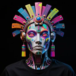 hyperdetailed portrait of a cyberpunk aztec futurism robot head, 8 k, symetrical, trippy flourescent colors, halluzinogenic, tshirt art, black background