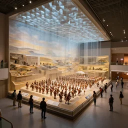 megalophobia!!!!! photo of a huge exhibit museum room, people looking at a huge tri - dimensional diorama depicting the full history of humanity, national art museum, scientific, ethereal, rule of thirds, endless non - euclidean geometry