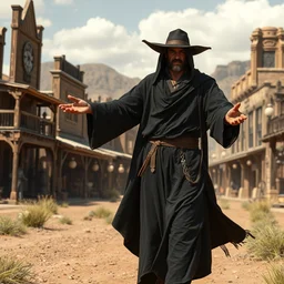 a man with long arms wearing a black robes walking in a wild west town