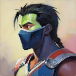 greg manchess portrait painting of jade from mortal kombat wearing a half mask as overwatch character, medium shot, asymmetrical, profile picture, organic painting, sunny day, matte painting, bold shapes, hard edges, street art, trending on artstation, by huang guangjian and gil elvgren and sachin teng