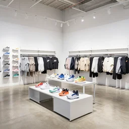 hyperdetailed large nike boutique flagship retail. white walls. polished concrete floor. display tables with colorful shoes and varied clothes. bright digital screens on walls. low ceilings with downlights and spots. white corian and oak furniture. plants. muted colors. long exposure photo.