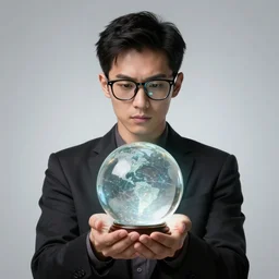 symmetry genius wearing glasses predicting future with the help of the crystal ball he's holding in his hand, ultra detailed, intricate, anime, dynamic lighting, digital art, digital painting, art station, wlop, sharp focus, illustration, art by artgerm and greg rutkowski and alphonse mucha