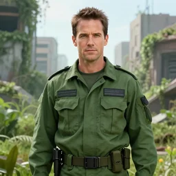 portrait of a young richard dean anderson wearing a green combat uniform, in a post appocalyptic city overgrown by plants, by wlop, by luis royo, cover illustration, concept art, volumetric lighting, volumetric atmosphere, sharp focus, octane render, trending on artstation, 8 k