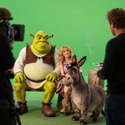 behind the scenes photo of shrek, fiona and donkey taking a break in - between filming scenes. movie sound - set. green screen. director reviewing footage. donkey smoking a cigar.