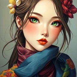 masterpiece oil painting full body portrait shot, oil painting of an anime girl with beautiful features, beautiful modern elegantly dressed anime girl wearing flowing colourful elegant clothes, highly detailed face, detailed green heterchromia eyes, alphonse white datura, 8 k oil painting