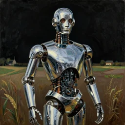 portrait painting of a robot made of shiny reflective chrome, painted by norman rockwell. agricultural scene. pulp sci - fi art for omni magazine. high contrast. dark background. baroque period, oil on canvas. renaissance masterpiece. trending on artstation. retrofuturism.