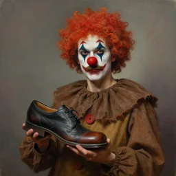 oil matte portrait, a mustache man wearing brown rags clown wig clown nose holding a big shoe. digital painting, fantasy, concept art, cinematic colors, realistic shaded. by ilya kuvshinov, magali villeneuve, artgerm, greg rutkowski