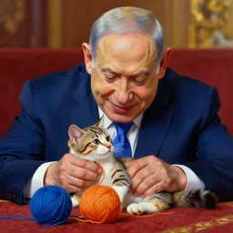 benjamin netanyahu smiling blushing while playing with a kitten on a carpet, yarn ball, rich vivid colors, warm, sharp, highly detailed, close - up, digital painting