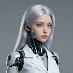 a bust portrait of a scientist android girl with silver hair by artgerm and wlop