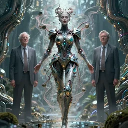 karol bak and tom bagshaw and lecouffe - deharme full body character portrait of the borg queen of sentient parasitic flowing ai, floating in a powerful zen state, supermodel, beautiful and ominous, wearing combination of mecha and bodysuit made of wires and fractal ceramic, machinery enveloping nature in the background, scifi character render