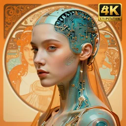 portrait of beautiful android, circuitry visible in head, in the style of ex machina, orange and teal color palette, alphonse mucha, greg rutkowski, award winning, ultrarealistic, 8 k, artstation