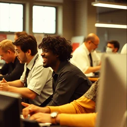 a ultra high resolution people at work laughing doumbly loudly. kodak etkar 1 0 0.