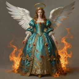 character concept sheet of an angel knight princess in a baroque dress. by ( rembrandt painting ( 1 0 0 ) ( fractal flame ) ), highly detailded, turquoise rust