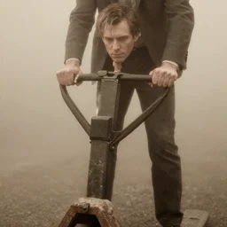 a photographic portrait by Annie Leibovitz of man using a pallet jack, closeup, foggy, sepia, moody, dream-like, sigma 85mm f/1.4, 15mm, 35mm, 4k, high resolution, 4k, 8k, hd, full color