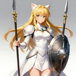 anime, a female valkyrie holding a sheild and spear wearing a white dress, made by artgerm, artgerm, trending on artstation, beautiful, realistic, cat girl