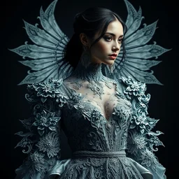 portrait of beautiful female model by irakli nadar wearing an intricate detailed avant garde dress design by rocky gathercole, high fashion symmetrical pose, haunting, elite, elegant, ruan jia, dark, hyper detailed, concept art, by gustav klimt,