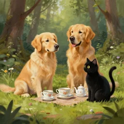 digital art painting, golden retriever and a black kitty having a tea party in the forest
