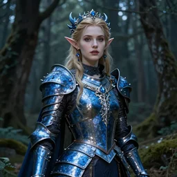 Gothic elf princess in blue dragon armor on a misterious forest by Konstantin Razumov