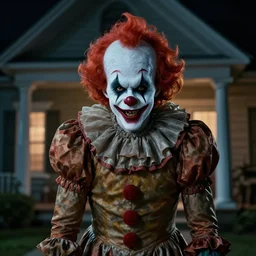 creepy clown in a house at night, highly detailed, 8 k, hdr, smooth, sharp focus, high resolution, award - winning photo