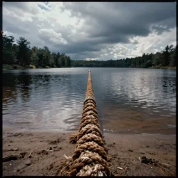 centered photograph of a single line of thick brown \ long rope floating on the surface stretching out to the center of the lake, a dark lake sandy shore on a cloudy day, color film, trees in the background, hyper - detailed kodak color film photo, anamorphic lens