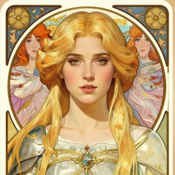 masterpiece head-on symmetrical centered painted portrait, Imogen Poots as Elden Ring paladin, blonde hair, elegant, in the style of ROSSDRAWS and Ross Tran and Alphonse Mucha and Ayami Kojima and Charlie Bowater and Jean Delville, Pixar, Maya engine, splash comics, tarot card style, Art Nouveau, rich bright colours