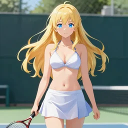 a very beautiful proud young anime tennis girl, confident, full body, long wavy blond hair, sky blue eyes, full round face, bikini, miniskirt, front view, mid - shot, highly detailed, cinematic wallpaper by stanley artgerm lau