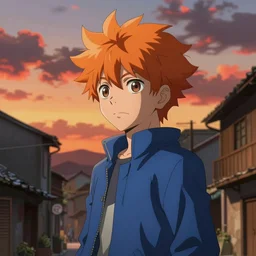 orange - haired anime boy, 1 7 - year - old anime boy with wild spiky hair, wearing blue jacket, golden hour, partly cloudy sky, red clouds, orange sky, old town, strong lighting, strong shadows, vivid hues, ultra - realistic, sharp details, subsurface scattering, intricate details, hd anime, 2 0 1 9 anime