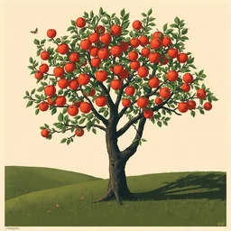 apple tree, limited neutral palette, by pascal campion, petros afshar, anton fadeev, dean ellis, randolph stanley hewton, beautiful graphic, propaganda poster art 1 9 7 0 s illustrated advertising art, painterly design